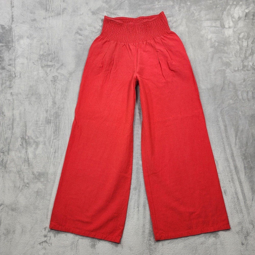 ChouYatou Pants Womens M Red Pull On Smocked Waist Wide Leg Flax Cotton Boho